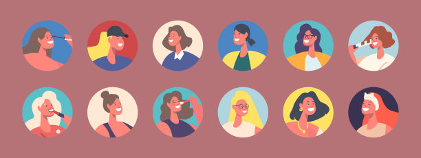 一套女性头像，女性角色与不同的外观护理面部和应用化妆品或化妆图片下载