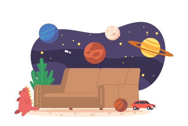 儿童房间的玩具，沙发，盆栽和空间和行星壁纸或虚拟现实图像矢量插图图片下载