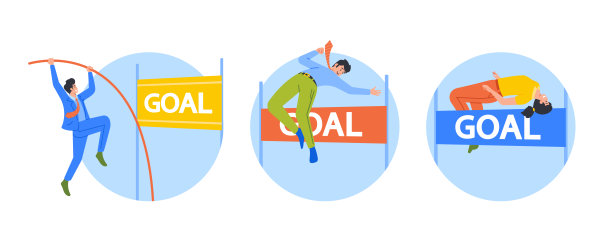 商人和女人角色跳过隔离的圆形图标或化身。领导力，克服障碍图片下载