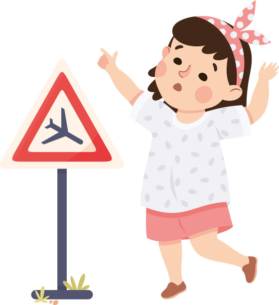 可爱的女孩站在航班交通标志附近图片下载