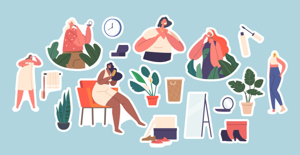 一套女性日常生活的贴纸。年轻女性人物卫生程序前的镜子卡通补丁图片下载