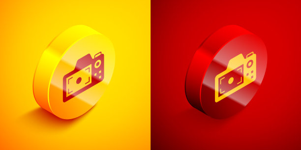 等距照片相机图标隔离在橙色和图片下载