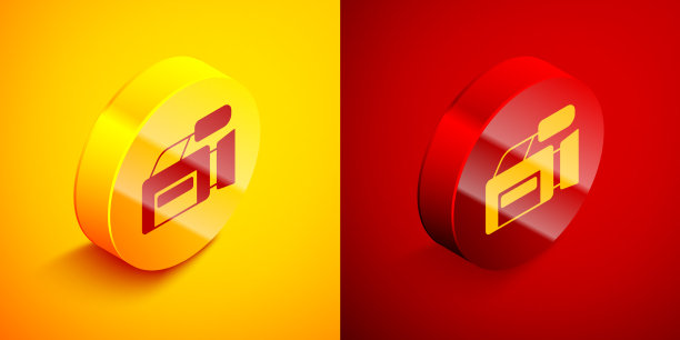 等距电影摄像机图标隔离在橙色上图片下载