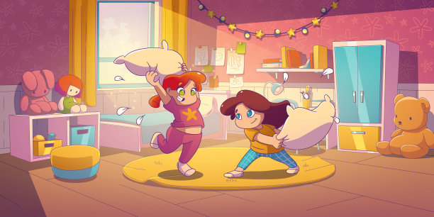 睡衣派对的概念，可爱的女孩穿睡衣图片下载