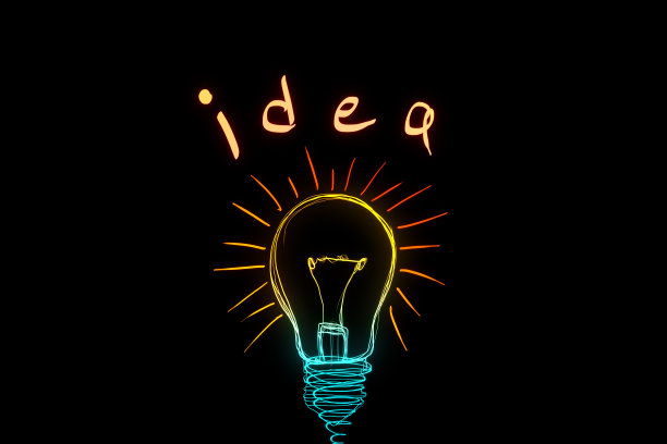 创意和商业理念概念与手写的理念标志以上数字彩色灯泡在黑暗的背景。三维渲染图片下载