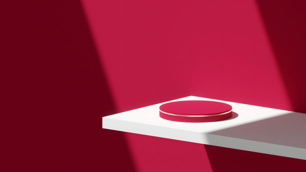 讲台，货架上的产品展示和极简风格的背景，viva品红配色方案，阳光和阴影- 3d渲染。图片下载