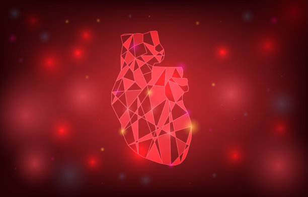 心脏病发作多边形风格。医疗技术和保健创新。摘要心脏矢量插图在红色背景。心脏微粒以几何轮廓相连。图片下载