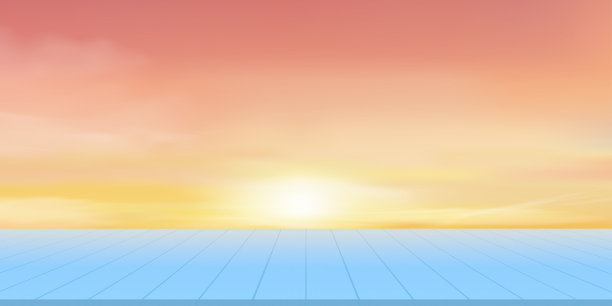 天空和云在蓝色木材纹理桌面上，矢量黄色天空与木面板地板，木露台与粉彩天空背景，3D显示产品演示春季，夏季销售，促销图片下载