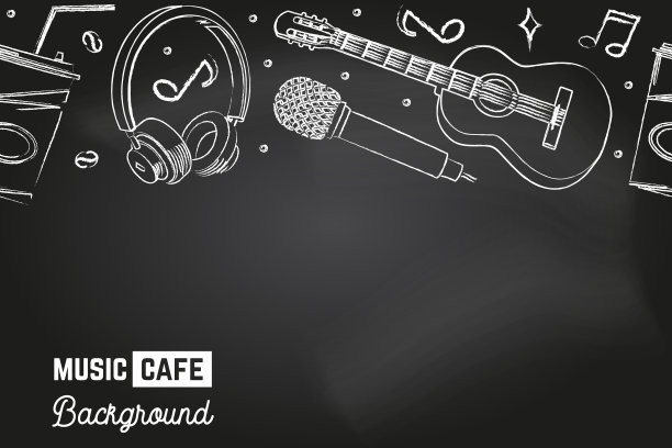 无缝模式的乐器和咖啡杯的音乐咖啡馆，酒吧，酒吧。黑板上的音乐咖啡馆背景。矢量插图。古典原声吉他，复古麦克风，耳机，黑板上的音符图片下载