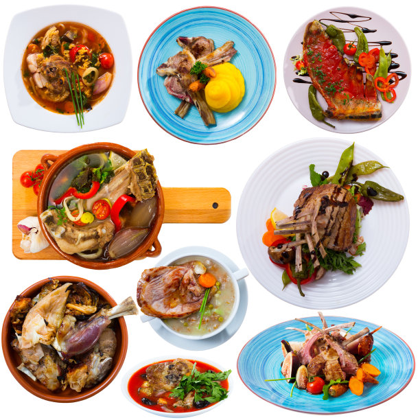 一套孤立的羊肉菜肴图片下载