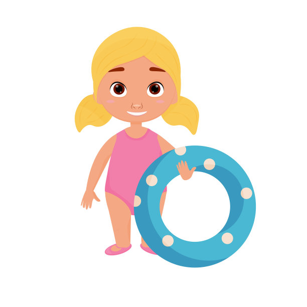矢量插图的卡通女孩在泳装与充气环。白色背景的插图。暑假和乐趣。图片下载