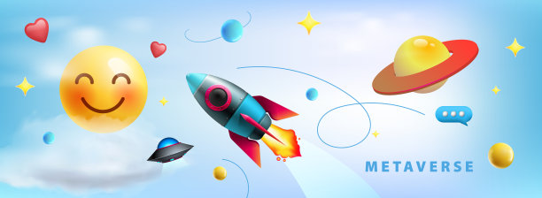 未来主义背景宇宙空间创意设计。逼真的3d卡通风格的行星，火箭在天空中飞行，不明飞行物。抽象的横向旗帜概念游戏元宇宙。矢量图图片下载