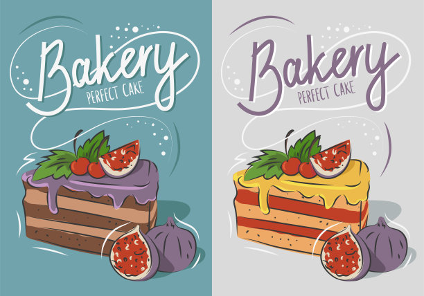 海报，一块蛋糕的插图，巧克力和香草海绵蛋糕和浆果糖衣，樱桃和无花果装饰。刻字插画面包店图片下载
