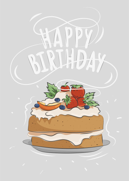生日快乐插图，明信片在素描技术与甜蜜的手工制作，健康，节日蛋糕的前景图片下载