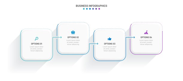 时间轴信息图与信息图表。现代表示模板与4 spets业务流程。网站模板在白色背景的概念现代设计。横向布局。图片下载
