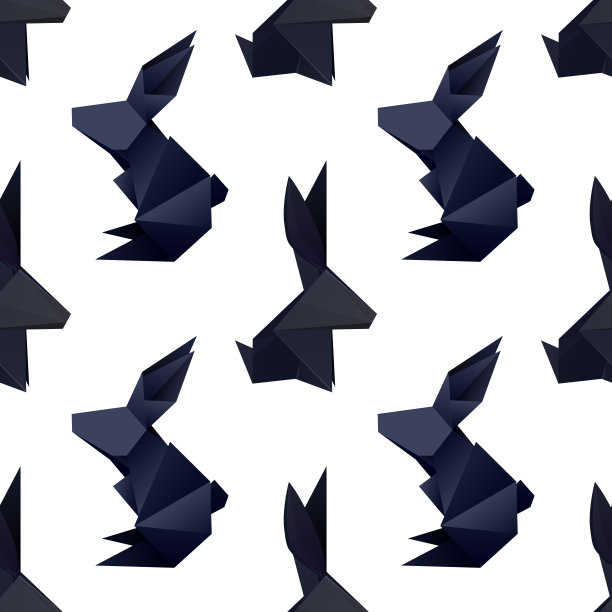 矢量无缝模式与折纸黑兔子在白色背景。纹理与多边形野兔。中国新年的象征。图片下载