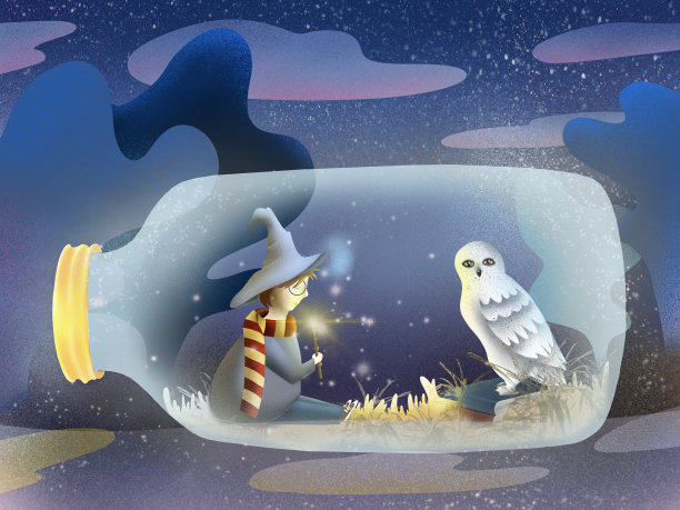 一个戴着红金色围巾、拿着魔杖的哈利波特男孩。装在玻璃瓶里顺流而下。童话儿童插图。图片下载