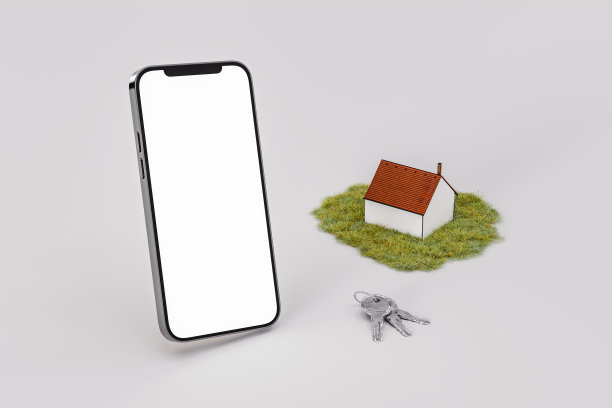 手机模拟与空白屏幕的玩具房子和钥匙对白色背景图片下载