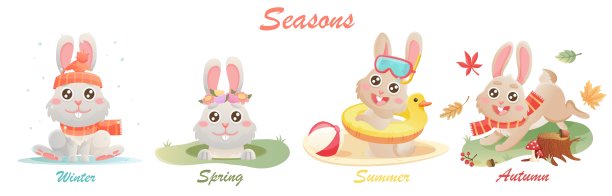 季节已定。冬、春、夏、秋的卡通插图。可爱的兔子在季节场景。图片下载