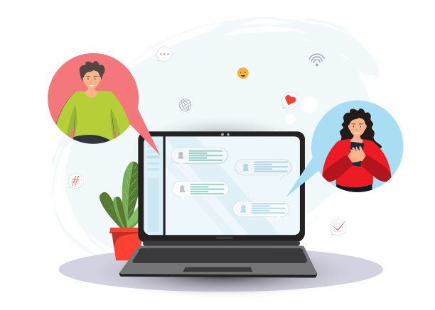 人们通过笔记本电脑上的信使在线聊天，在线会议，在线约会或友谊，在线交谈，平面矢量插图图片下载