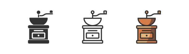 光背景上的手咖啡磨粉机图标。早餐的象征。复古的，旧的，咖啡豆，厨房，咖啡店，咖啡馆。轮廓，平面和彩色风格。平面设计。矢量插图。图片下载