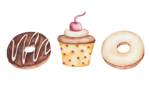 水彩插图。手绘的经典甜甜圈配上白色糖衣和棕色巧克力。蛋糕配蛋白酥皮，黄杯樱桃。烤松饼加奶油。独立剪贴艺术甜点的咖啡馆菜单图片下载