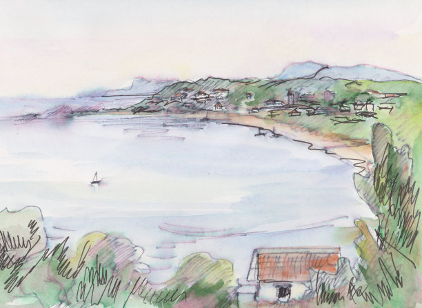 水彩画，蒂勒尼安海边的海湾，图片下载