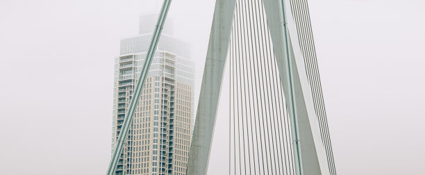 云/雾低垂在荷兰鹿特丹的摩天大楼和桥梁上，给人一种空灵的平静效果。图片下载