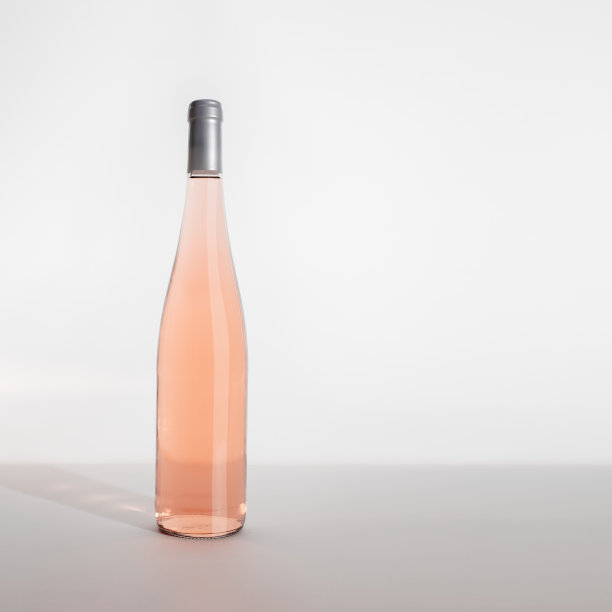 玫瑰酒瓶在桌子上浅白色背景，侧视图，复制空间。在阳光下模拟酒精饮料。一瓶玫瑰葡萄酒模板，极简的静物照片，空白空间。图片下载