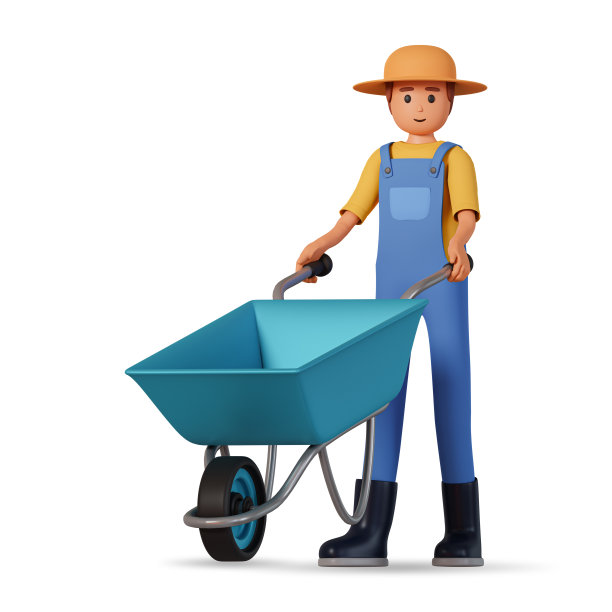 农民在工作服，帽子和胶靴推独轮车3d插图孤立的白色背景。农民推手推车的3d插图图片下载