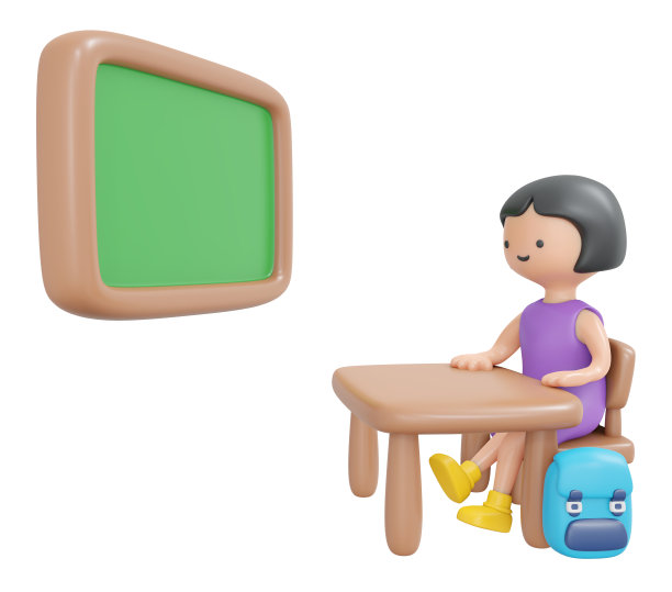 3D渲染快乐的女孩坐在桌子上学习在学校教室与董事会孤立的白色卡通风格。3D渲染插图。图片下载