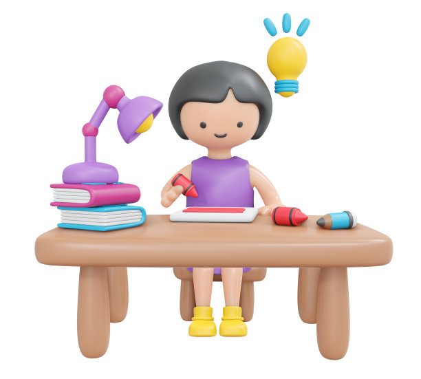 3D渲染快乐的女孩坐在书桌上学习作业孤立的白色卡通风格。3D渲染插图。图片下载