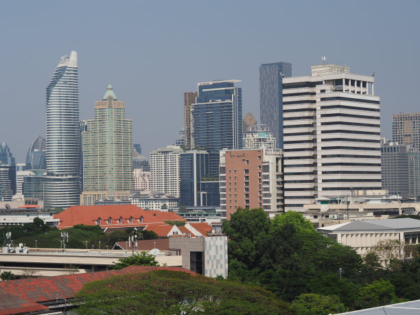 黑灰白色建筑与奶油绿叶银灰色天空图片下载