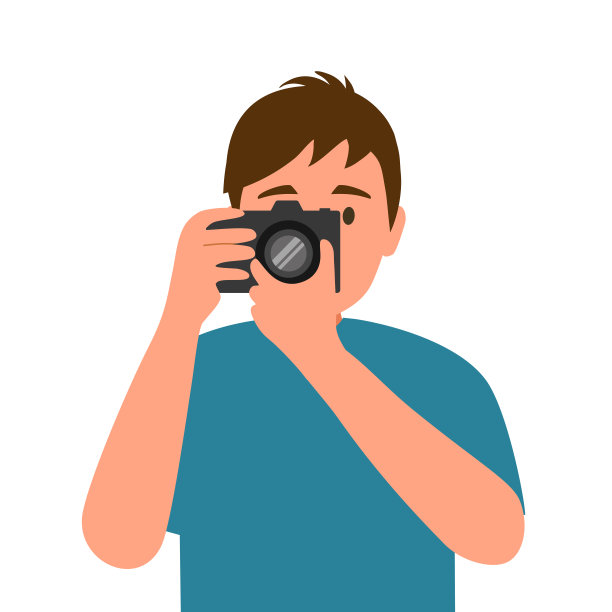 男子用白色背景的平面设计相机拍照。图片下载