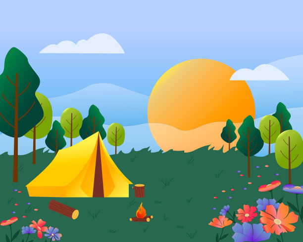 露营。帐篷、火和乡村休息用品。风景。图片下载