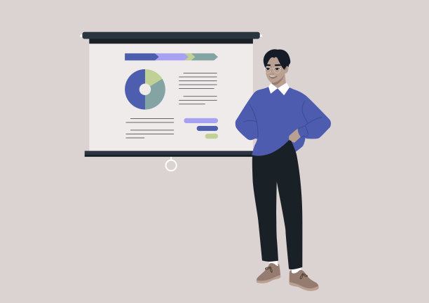 一位年轻的亚洲男性财务顾问正在报告一个会议，一个视频投影仪屏幕上有一个饼状图信息图图片下载