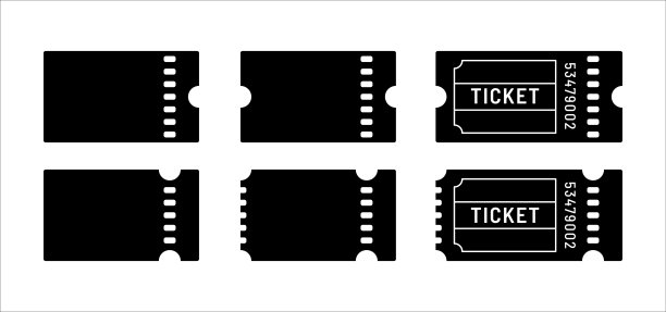 票务图标设置。带有存根线图标的电影院票。抽奖券优惠券签名。矢量股票插图在平面黑色设计。图片下载