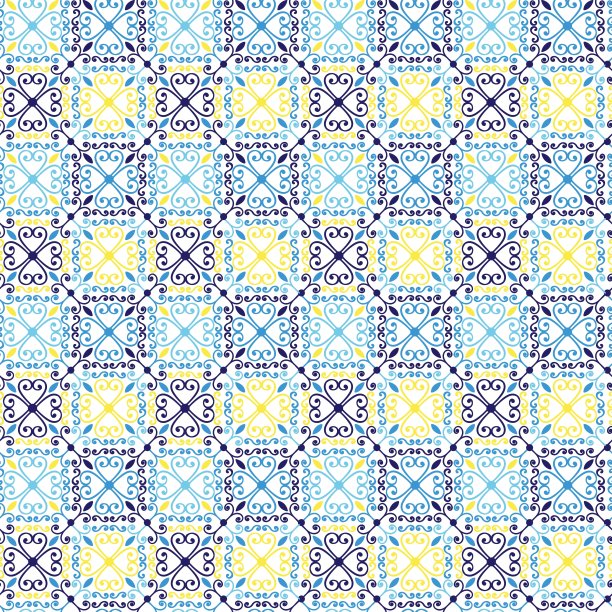 蓝色瓷砖图案。无缝的点缀。手绘曲线和花卉马赛克。地中海或阿拉伯陶瓷。印刷纺织品，包装纸，壁纸设计。东方装饰矢量插图图片下载
