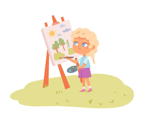 快乐的女孩画家拿着颜料画画，孩子拿着调色板和画笔画画图片下载