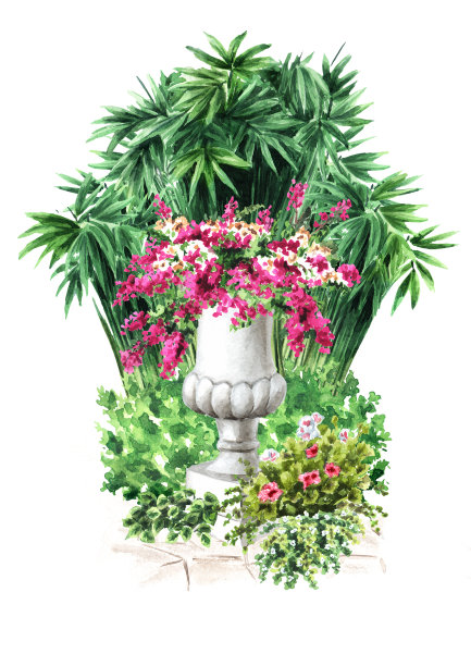 园林装饰建筑元素。，石质大理石花瓶或花盆，景观设计。手绘水彩插图孤立的白色背景图片下载