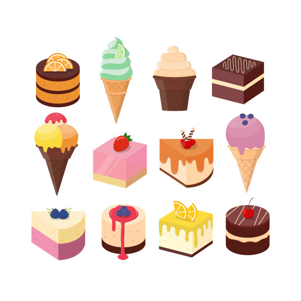 甜点的收藏。蛋糕块和冰淇淋套装。图片下载