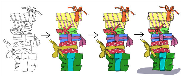 礼物堆积如山。着色。向量(5)图片下载