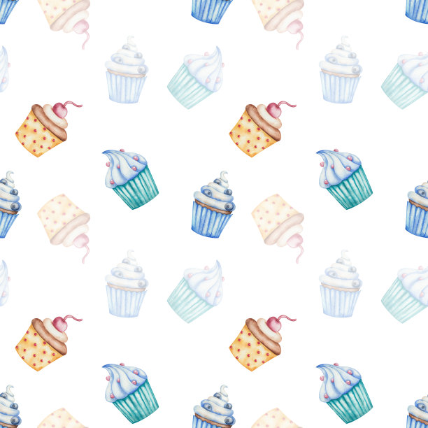 水彩无缝图案。手绘的蓝色，绿色和黄色纸杯蛋糕的插图，有蛋白霜，蓝莓，撒糖，樱桃。烤松饼加奶油。甜点。孤立的剪贴艺术的印刷品图片下载
