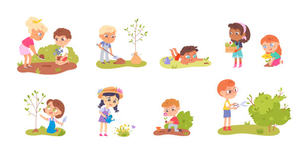 孩子们在花园里照料绿色植物，花草树木，男孩和女孩种幼苗图片下载