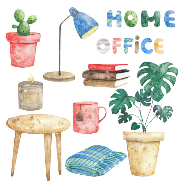 关于在家工作美学的水彩画插图图片下载