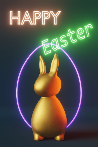 闪亮的金色兔子蛋蓝色霓虹灯3d渲染当代创意极简主义风格流行艺术贺卡。图片下载