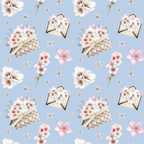花水彩无缝模式与粉红色白杏仁花在篮子和信封上浅蓝色的背景图片下载