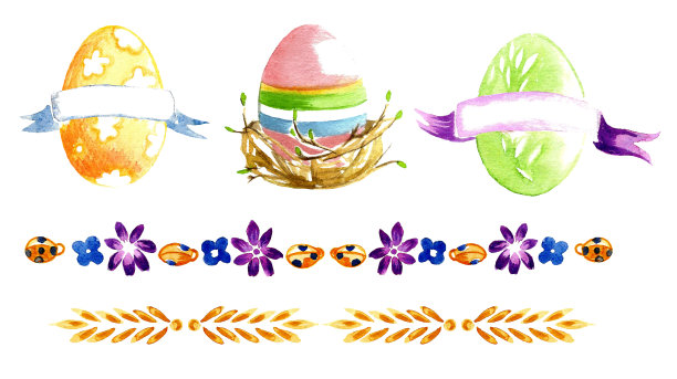 带丝带的复活节彩蛋，在一窝带叶子的小树枝上，花朵和橙色的瓢虫。图片下载