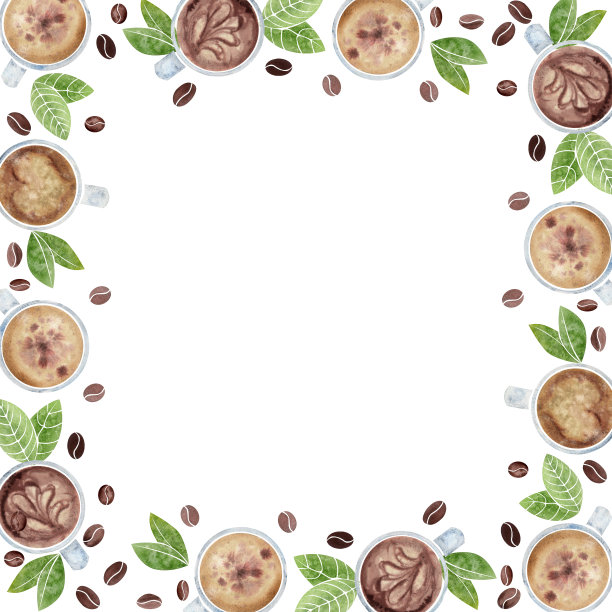 水彩手绘边框卡布奇诺咖啡杯，新鲜和烤豆，绿叶。孤立在白色背景上。用于邀请，咖啡馆，餐厅的食物菜单，打印，网站，卡片图片下载