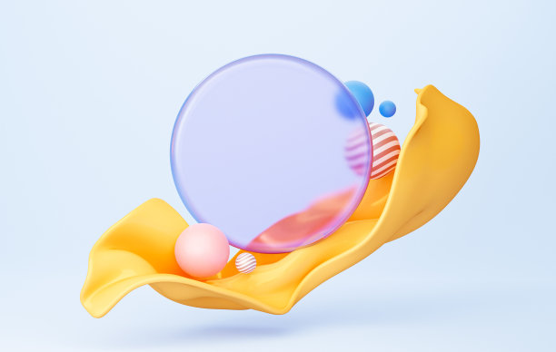 创意抽象模板透明空玻璃圈。蓝色背景上有一种黄色的波浪状液体。三维渲染插图。图片下载